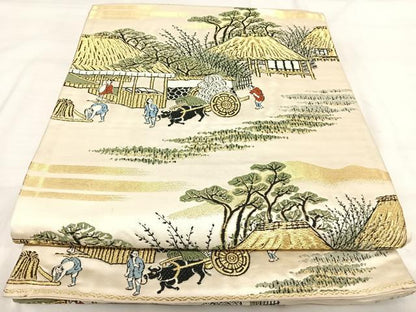 平和屋着物◎六通柄袋帯 唐織 人物風景文 金銀糸 正絹 逸品 AABI5365yx
