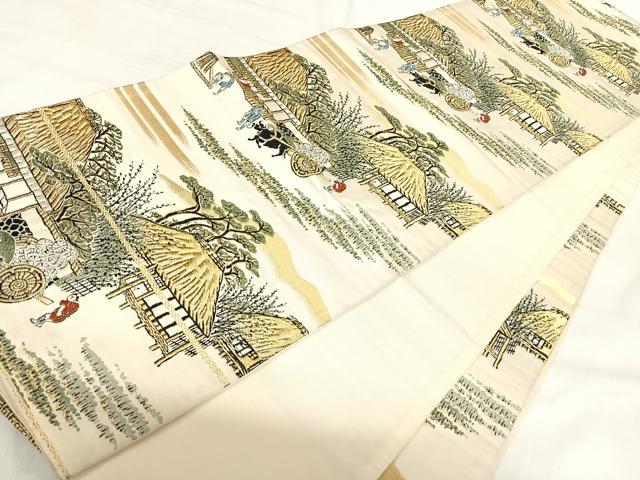 平和屋着物◎六通柄袋帯 唐織 人物風景文 金銀糸 正絹 逸品 AABI5365yx