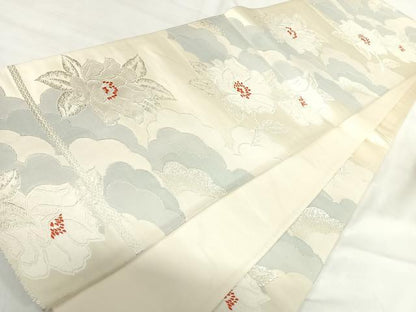 平和屋着物◎六通柄袋帯 唐織 草花文 銀糸 正絹 逸品 AABI5366yx