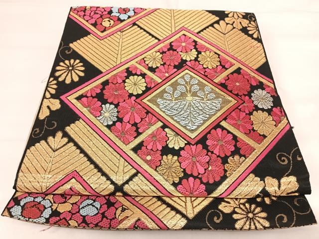 平和屋着物◎六通柄 本袋帯 唐織 花菱文 黒地 金銀糸 正絹 逸品 AABI5367yx