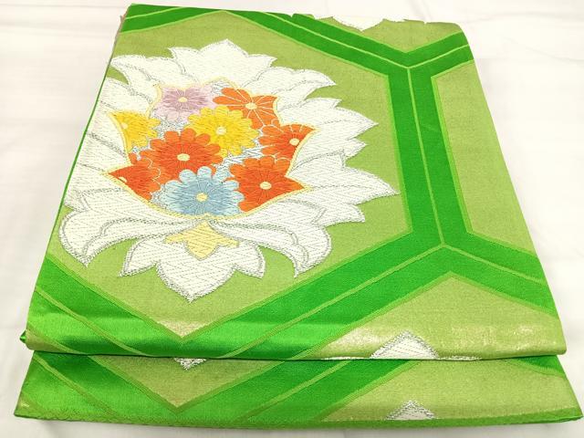 平和屋着物◎六通柄袋帯 唐織 亀甲花文 銀糸 正絹 逸品 AABI5368yx