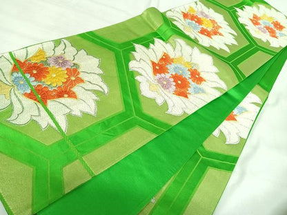 平和屋着物◎六通柄袋帯 唐織 亀甲花文 銀糸 正絹 逸品 AABI5368yx