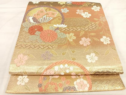 平和屋着物◎六通柄袋帯 唐織 花蝶丸文 金糸 正絹 逸品 AABI5370yx
