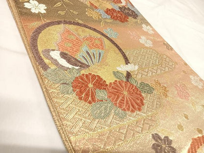 平和屋着物◎六通柄袋帯 唐織 花蝶丸文 金糸 正絹 逸品 AABI5370yx