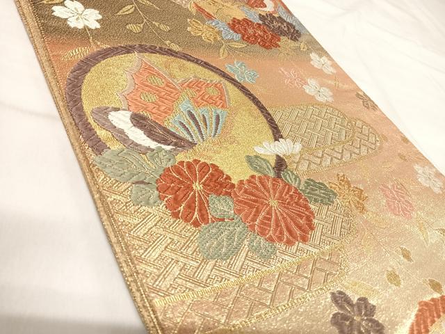 平和屋着物◎六通柄袋帯 唐織 花蝶丸文 金糸 正絹 逸品 AABI5370yx