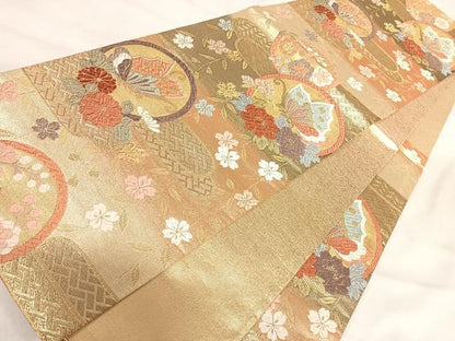 平和屋着物◎六通柄袋帯 唐織 花蝶丸文 金糸 正絹 逸品 AABI5370yx