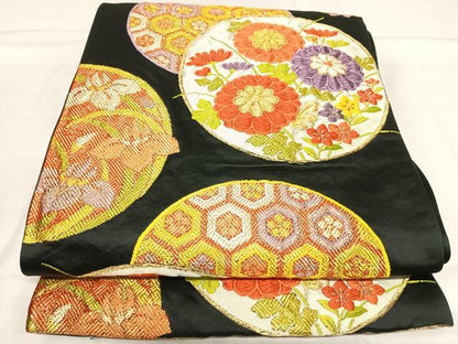 平和屋着物◎六通柄袋帯　唐織　花丸文　黒地　金糸　正絹　逸品　AABI5371yx