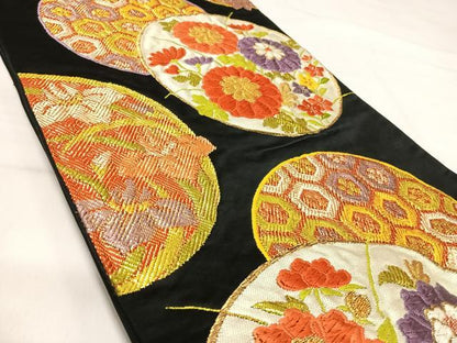 平和屋着物◎六通柄袋帯　唐織　花丸文　黒地　金糸　正絹　逸品　AABI5371yx