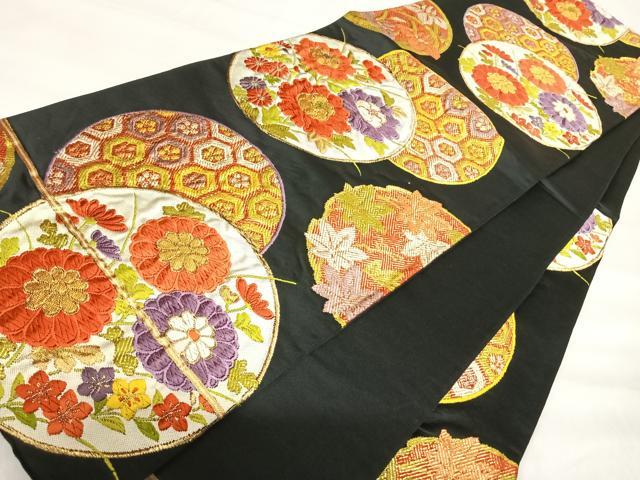 平和屋着物◎六通柄袋帯　唐織　花丸文　黒地　金糸　正絹　逸品　AABI5371yx