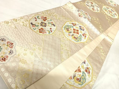 平和屋着物◎六通柄袋帯 唐織 花鳥文 金銀糸 正絹 逸品 AABI5373yx