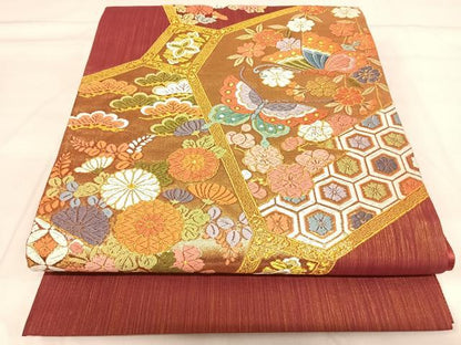平和屋着物◎六通柄袋帯 唐織 蜀甲慶長小紋 羽衣 金糸 正絹 逸品 AABI5374yx
