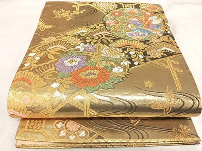 平和屋着物◎六通柄袋帯　唐織　はなやぎ　金糸　正絹　逸品　AABI5380yx