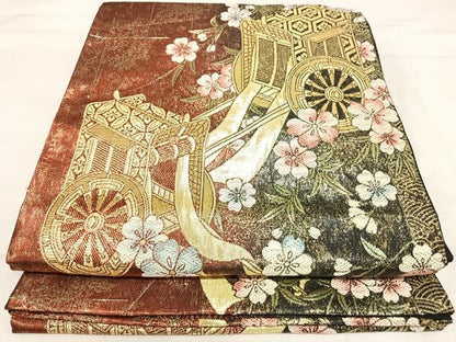 平和屋着物◎六通柄袋帯　御所車花文　金糸　正絹　逸品　AABI5381yx