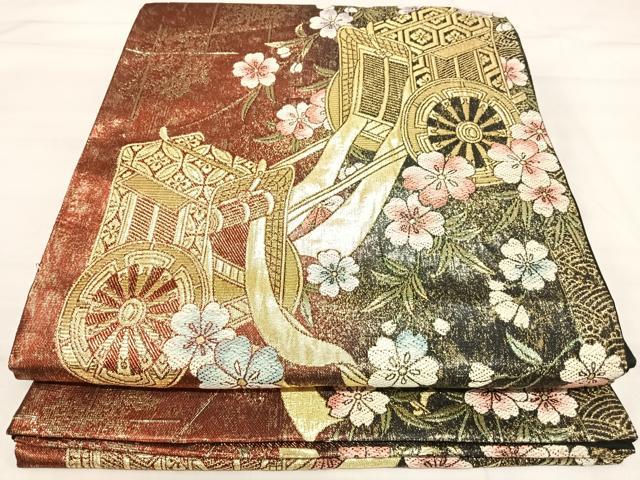 平和屋着物◎六通柄袋帯　御所車花文　金糸　正絹　逸品　AABI5381yx