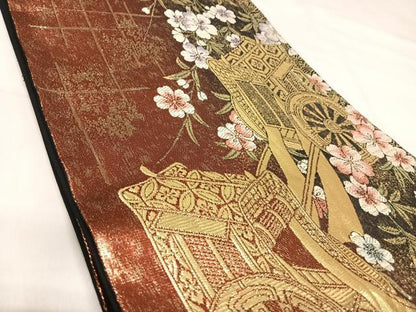 平和屋着物◎六通柄袋帯　御所車花文　金糸　正絹　逸品　AABI5381yx