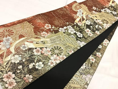 平和屋着物◎六通柄袋帯　御所車花文　金糸　正絹　逸品　AABI5381yx