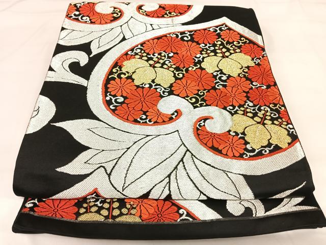 平和屋着物◎六通柄袋帯　唐織　花唐草文　黒地　金銀糸　正絹　逸品　AABI5383yx