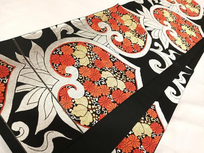 平和屋着物◎六通柄袋帯　唐織　花唐草文　黒地　金銀糸　正絹　逸品　AABI5383yx