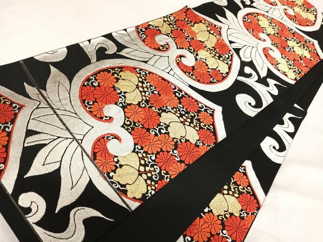 平和屋着物◎六通柄袋帯　唐織　花唐草文　黒地　金銀糸　正絹　逸品　AABI5383yx