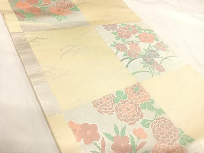 平和屋着物◎六通柄　本袋帯　色紙花文　銀糸　正絹　逸品　AABI5388yx