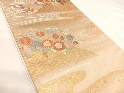 平和屋着物◎六通柄袋帯 唐織 鴛鴦花文 金糸 正絹 逸品 AABI5410yx