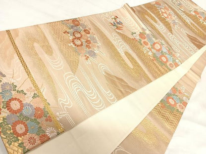 平和屋着物◎六通柄袋帯 唐織 鴛鴦花文 金糸 正絹 逸品 AABI5410yx
