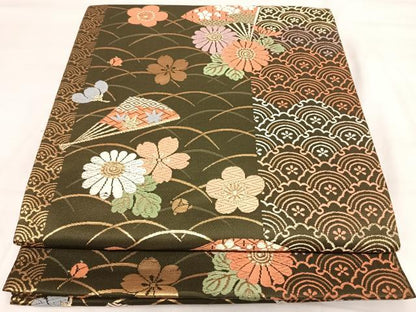 平和屋着物◎六通柄袋帯　唐織　扇面花文　金糸　正絹　逸品　AABI5413yx