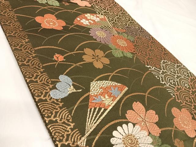 平和屋着物◎六通柄袋帯　唐織　扇面花文　金糸　正絹　逸品　AABI5413yx