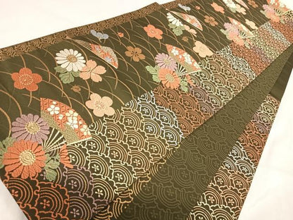 平和屋着物◎六通柄袋帯　唐織　扇面花文　金糸　正絹　逸品　AABI5413yx