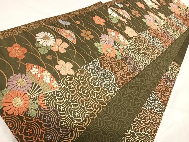 平和屋着物◎六通柄袋帯　唐織　扇面花文　金糸　正絹　逸品　AABI5413yx