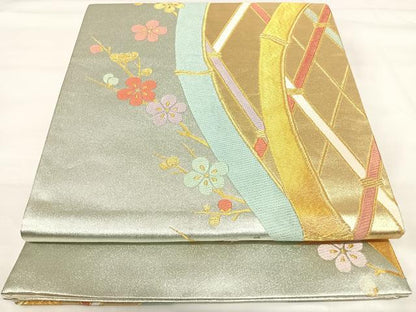 平和屋着物◎六通柄袋帯　光悦垣梅枝文　珠光　金糸　正絹　逸品　AABI5420yx