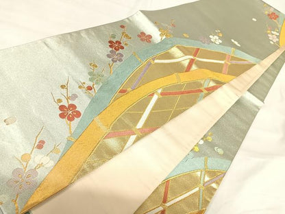 平和屋着物◎六通柄袋帯　光悦垣梅枝文　珠光　金糸　正絹　逸品　AABI5420yx