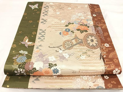 平和屋着物◎六通柄袋帯　唐織　花車文　舞蝶　金糸　正絹　逸品　AABI5421yx