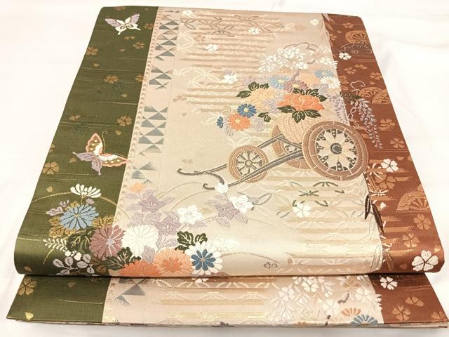 平和屋着物◎六通柄袋帯　唐織　花車文　舞蝶　金糸　正絹　逸品　AABI5421yx