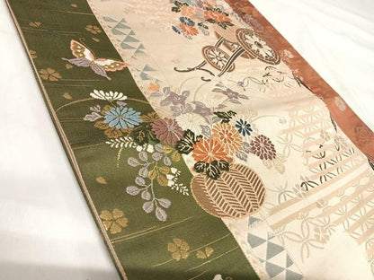 平和屋着物◎六通柄袋帯　唐織　花車文　舞蝶　金糸　正絹　逸品　AABI5421yx