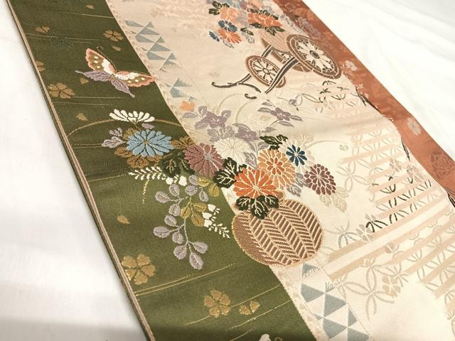 平和屋着物◎六通柄袋帯　唐織　花車文　舞蝶　金糸　正絹　逸品　AABI5421yx