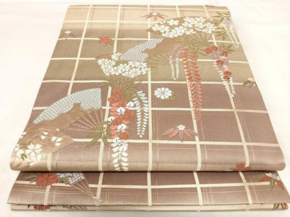 平和屋着物◎六通柄袋帯　唐織　扇面花文　金糸　正絹　逸品　AABI5423yx