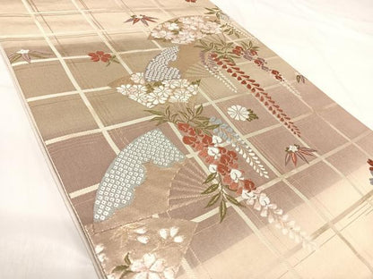 平和屋着物◎六通柄袋帯　唐織　扇面花文　金糸　正絹　逸品　AABI5423yx