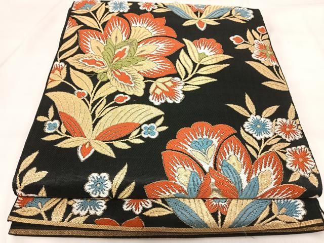 平和屋着物◎六通柄袋帯　唐織　更紗花文　黒地　金銀糸　正絹　逸品　AABI5424yx