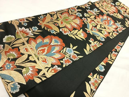 平和屋着物◎六通柄袋帯　唐織　更紗花文　黒地　金銀糸　正絹　逸品　AABI5424yx