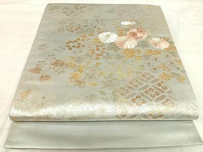 平和屋着物◎太鼓柄袋帯　刺繍　草花文　金銀彩　金糸　正絹　逸品　AABI5427yx