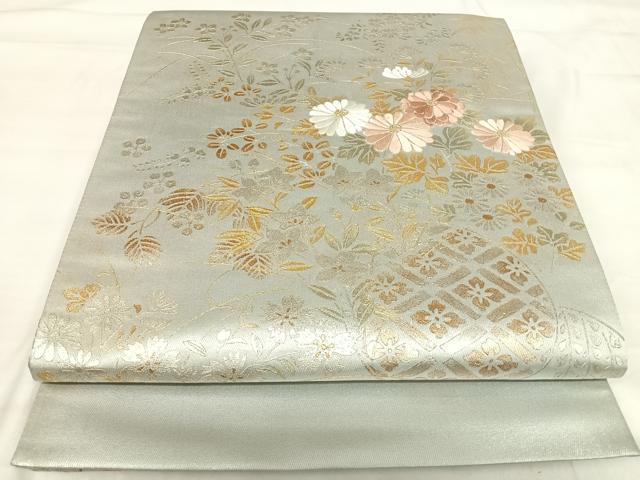 平和屋着物◎太鼓柄袋帯　刺繍　草花文　金銀彩　金糸　正絹　逸品　AABI5427yx