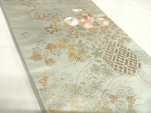 平和屋着物◎太鼓柄袋帯　刺繍　草花文　金銀彩　金糸　正絹　逸品　AABI5427yx