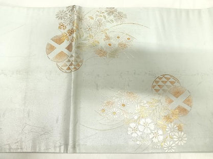 平和屋着物◎太鼓柄袋帯　刺繍　草花文　金銀彩　金糸　正絹　逸品　AABI5427yx