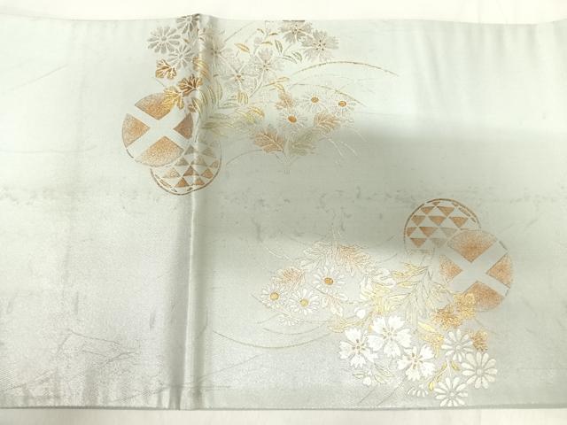 平和屋着物◎太鼓柄袋帯　刺繍　草花文　金銀彩　金糸　正絹　逸品　AABI5427yx