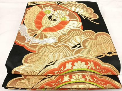 平和屋着物◎六通柄袋帯　唐織　花蝶松文　黒地　金銀糸　三越扱い　正絹　逸品　AABI5429yx