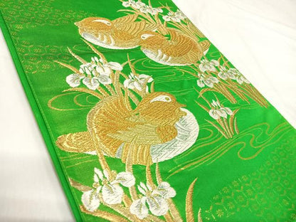 平和屋着物◎六通柄袋帯　鴛鴦花文　金銀糸　正絹　逸品　AABI5430yx