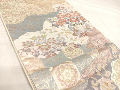 平和屋着物◎六通柄袋帯　双鳥花文　金糸　正絹　逸品　AABI5435yx