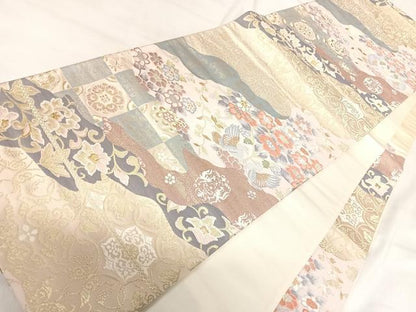 平和屋着物◎六通柄袋帯　双鳥花文　金糸　正絹　逸品　AABI5435yx