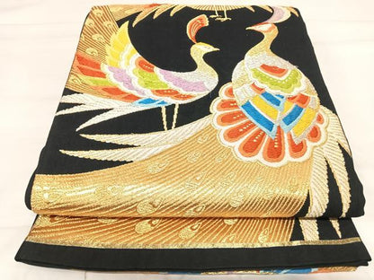 平和屋着物◎六通柄袋帯　唐織　孔雀文　黒地　金銀糸　正絹　逸品　AABI5442yx